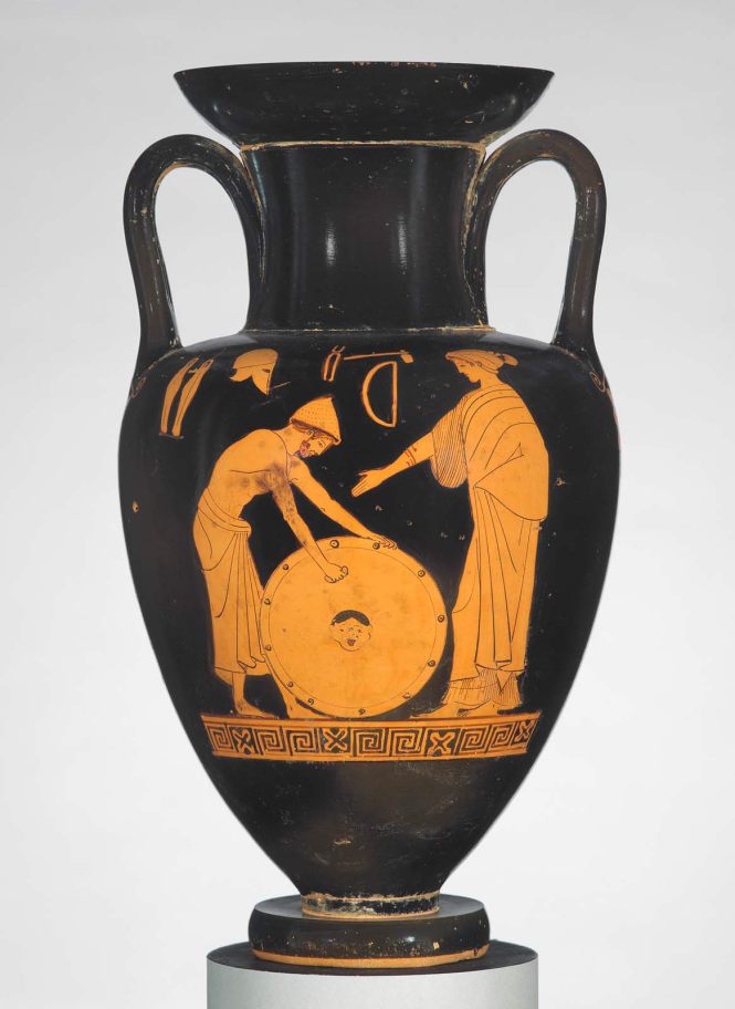 Hephaistos polishing the shield of Achilles. Two-handled amphora, ca. 480 BCE by the Dutuit Painter. Source: MFA.org (for non-commercial use only)