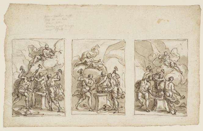 Three studies for Thetis in the Forge of Vulcan, Watching the Making of Achilles' Armour, pen and wash over pencil on paper, by Sir James Thornhill, ca. 1710. Source: © Tate.org.uk (for non-commercial use only)