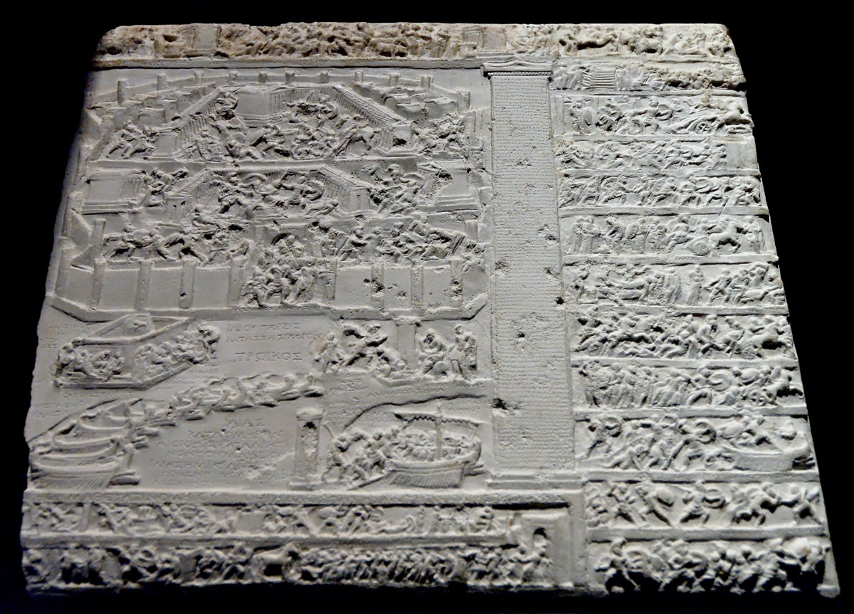 Carved and captioned scenes from the Trojan War on a tablet known as the Capitoline Tabula Iliaca, ca. 15 BCE, now in the Capitoline Museum in Rome. Source: Wikimedia Commons