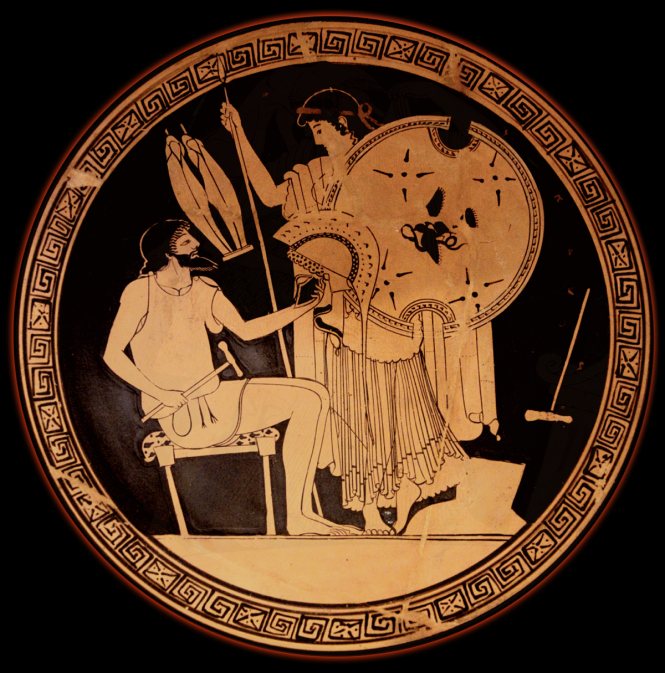 Hephaistos presents Achilles' new armor to Thetis. Attic Red-figure Kylix, ca. 490-480 BCE by the Foundry Painter. Source: Wikimedia Commons