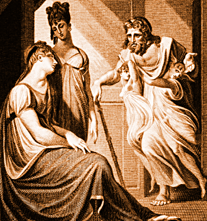 Thetis asking Hephaistos to forge new armor for Achilles, from Vignettes for Homer, by Edward Smith, engraver; Johann Heinrich Füssli (1741-1825), painter, London, FJ Du Roveray, 1 October 1805. Source: Wikimedia Commons