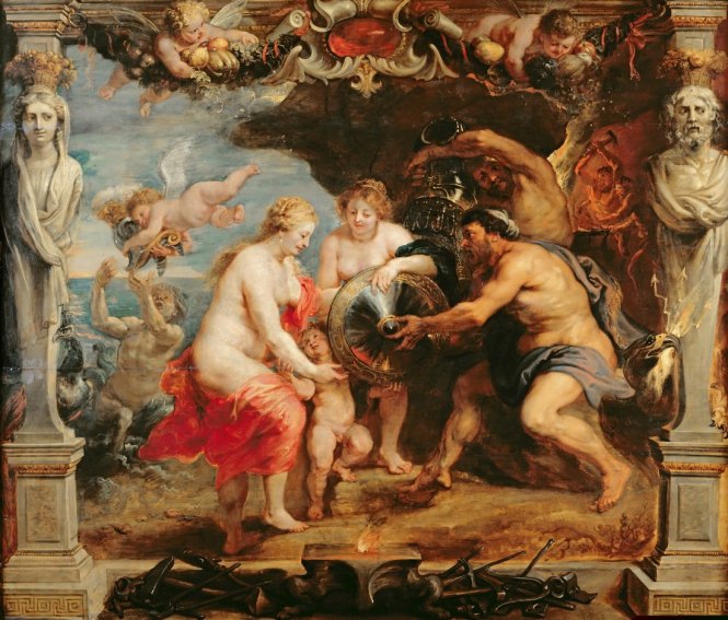 Thetis receiving Achilles' new armor from Hephaistos, oil painting modello for a tapestry in the Life of Achilles Series by Peter Paul Rubens, ca. 1635-1670. Source: Wikimedia Commons