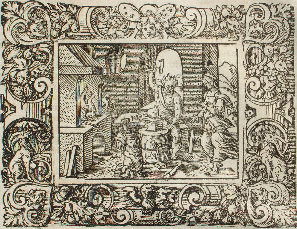 Vulcan forging weapons for Achilles, illustrated by Virgil Solis, ca. 1581 for P. Ovidii Metamorphosis XIII, 286-295. Source: latein-pagina.de