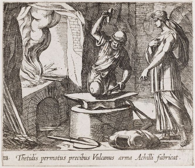 Vulcan creating Achilles armor for Thetis etching ca 1606 by Antonio Tempesta depicted in an illustrated copy of Ovid's Metamorphoses. Source: Harvard.edu (non-commercial use only)