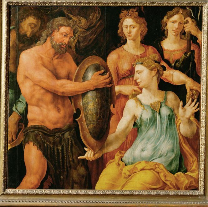 Vulcan hands Thetis the shield for Achilles, by Maarten van Heemskerck, ca. 1536. Source: Wikimedia Commons