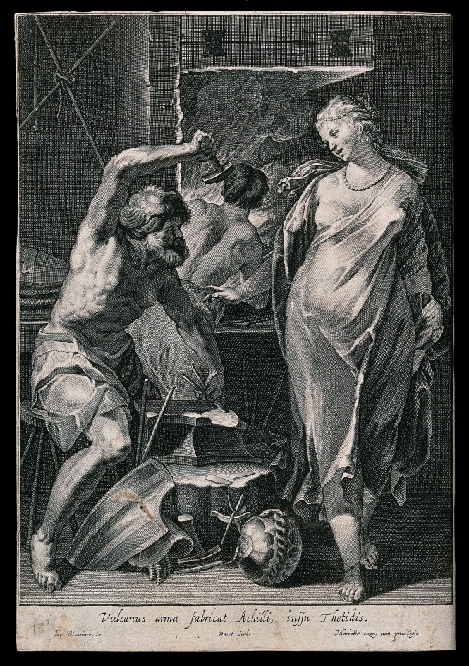 Vulcan hammering metal at his forge, overseen by Thetis in a flowing robe and pearls in her hair. Engraving by Pierre Daret de Cazeneuve, ca. 1663-1678, after an image by Jacques Blanchard. Source: Wikimedia Commons