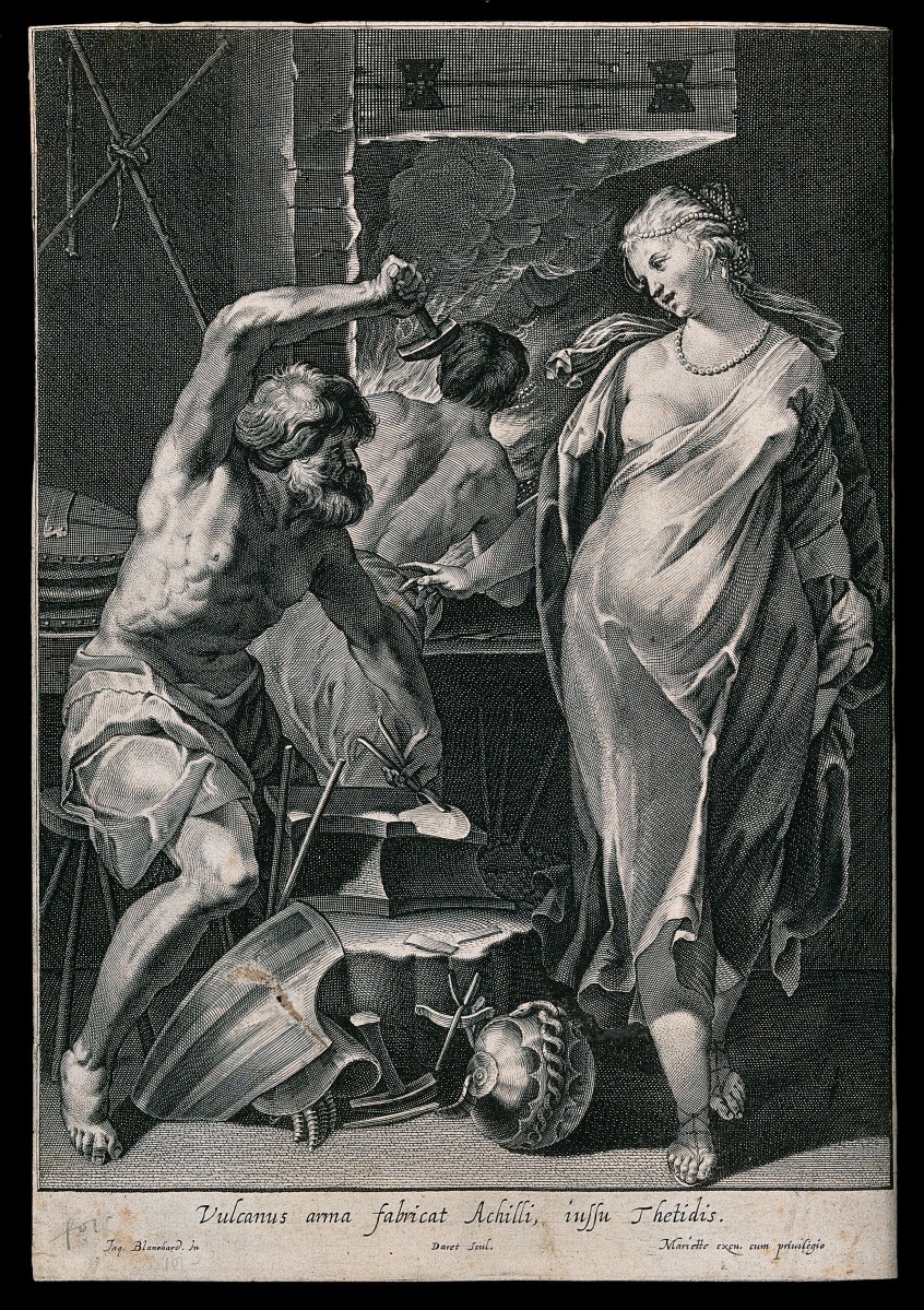 Vulcan hammering metal at his forge, overseen by Thetis in a flowing robe and pearls in her hair. Engraving by Pierre Daret de Cazeneuve, ca. 1663-1678, after an image by Jacques Blanchard. Source: Wikimedia Commons