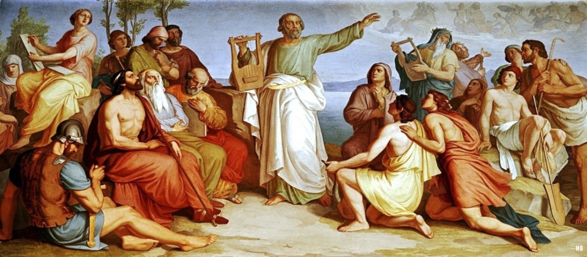 Painting of "Homer Among the Greeks" by Gustav Jäger. The following image is of a mural at the Weimar Castle in Germany, which was completed in 1808 by painter, Gustav Jäger entitled, "Homer Among the Greeks" Source: Hadrian6 via 300SpartanWarriors