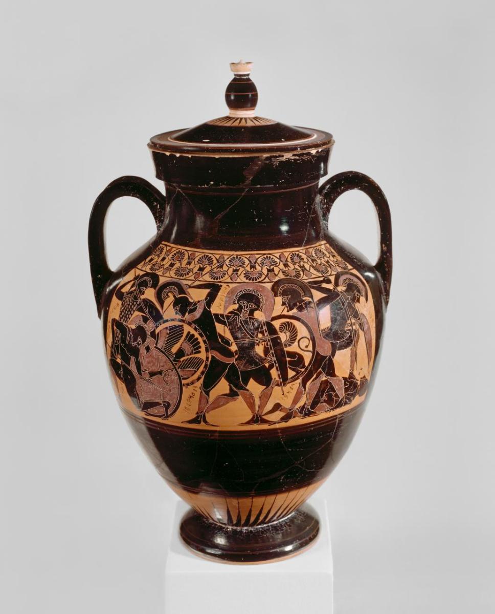 Chalkidian Black-figure Lidded Belly Amphora, ca. 540 BCE by the Inscriptions Painter, depicting battle scenes from the Trojan War. Source: National Gallery of Victoria, Melbourne, Australia via Wikimedia Commons [CC0]