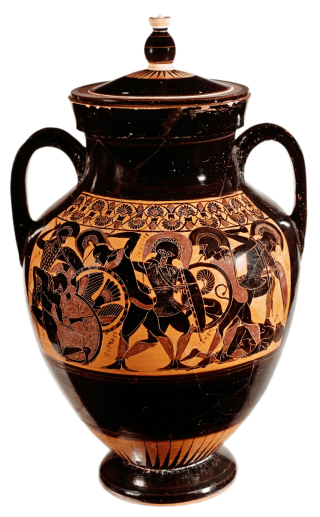 Chalkidian Black-figure Lidded Belly Amphora, ca. 540 BCE by the Inscriptions Painter, depicting battle scenes from the Trojan War. Source: National Gallery of Victoria, Melbourne, Australia via Wikimedia Commons [CC0]