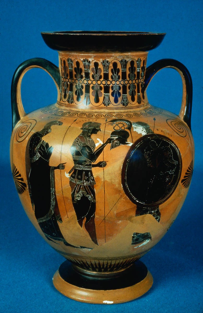 Thetis Bringing Armor to Achilles. Attic Black-figure Amphora by the Amasis Painter, ca. 520-515 BCE. Source: Non-Commercial use only. MFA Henry Lillie Pierce Fund © 2017 Museum of Fine Arts, Boston
