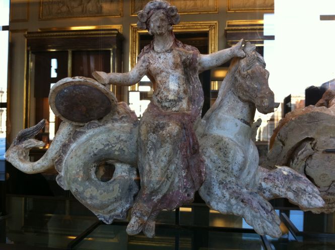 Thetis Riding a Hippocampus, Carrying Achilles' Shield. Terracotta Statue in the Louvre, ca. 400 BCE. Source: Non-Commercial Use Only (copyright owner?) Michelle Gregor via Pinterest