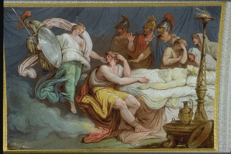 Achilles Mourning Patroklos as Thetis Arrives With New Weapons, Ceiling Mural by Francesco and Gian Battista Ballanti Graziani. ca. 1802-1805. In the Galleria d'Achille, Palazzo Milzetti, Faenza, Italy. Source: CC0 via Wikimedia Commons
