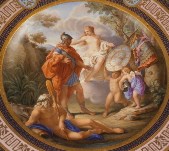 Thetis ueberreicht dem Archilles die Waffen (Thetis gives Achilles the weapons) Antique 18th Century Royal Vienna Porcelain Scenic Plate. Source: Non-Commercial Use Only -  kpmisbetter via Ebay
