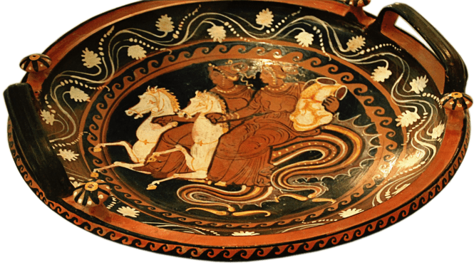 Greek Apulian Red-figure Patera by the Baltimore Painter Group, ca. 330 BCE, depicting Thetis and another Nereid riding hippocamps, delivering the armor of Achilles. Source: CCSA 3.0 by Cyron/Vail via Wikimedia Commons