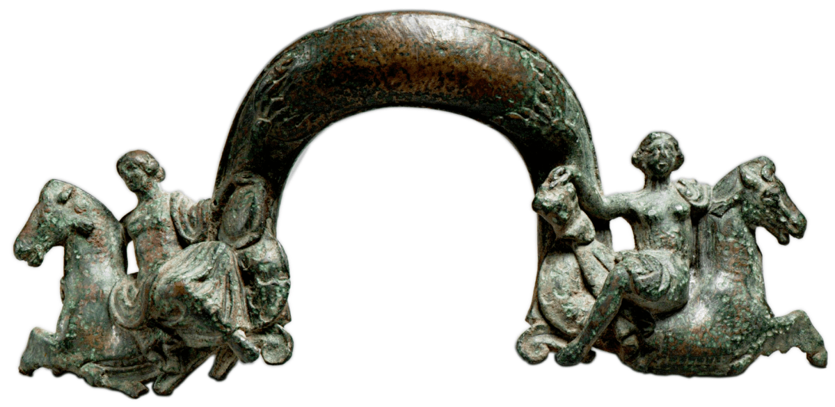 Greek bronze handle of a bowl or footbath, with sculptures on both sides of Nereids riding hippocamps and carrying Achilles' armor newly forged by Hephaistos. ca. 4th century BCE. Source: CC0 via Wikimedia Commons