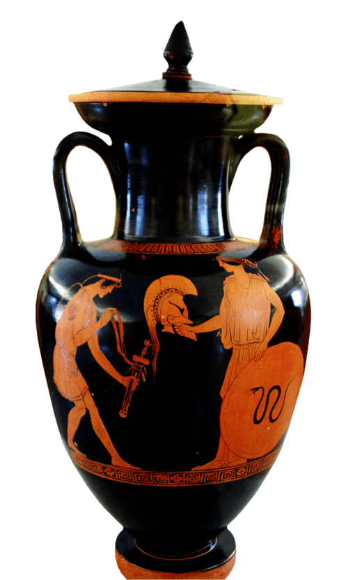 Attic Red-figure Amphora by Hermonax depicting Thetis giving Achilles his new armor forged by Hephaistos, ca. 450 BCE, Martin von Wagner Museum, Würzburg. Source: Wikimedia Commons