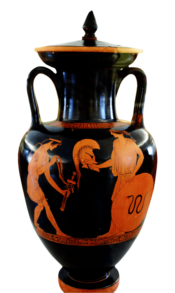 Attic Red-figure Amphora by Hermonax depicting Thetis giving Achilles his new armor forged by Hephaistos, ca. 450 BCE, Martin von Wagner Museum, Würzburg. Source: Wikimedia Commons