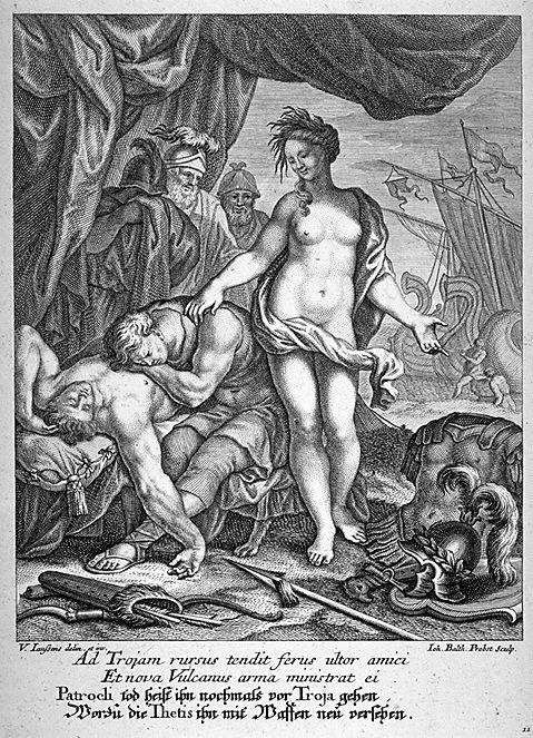 Thetis Rearms Achilles, Engraving by Johann Balthasar Probst [1673 - 1748] in the Fine Arts Museum of San Francisco. Source: CC0 via Wikimedia Commons