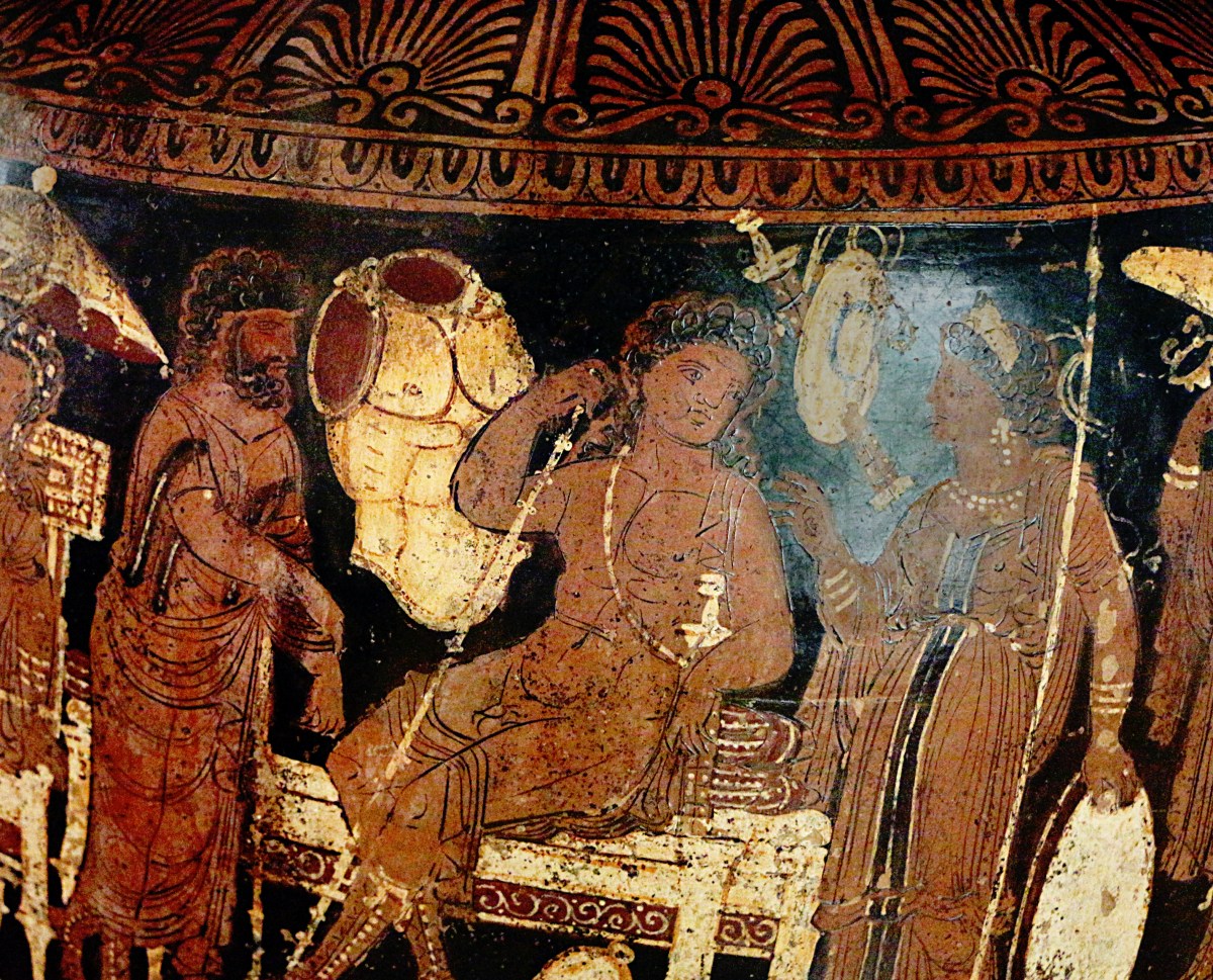 Thetis Delivering Achilles' Armor, Greek Apulian Red-figure Krater by the Baltimore Painter, ca. 330 BCE. Source: CCA 3.0 Sailko/Vail via Wikimedia Commons