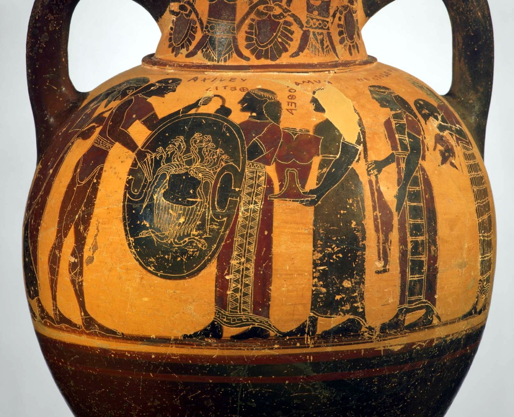 The Arming of Achilles, Archaic Greek Black-figure Neck Amphora by the Camtar Painter, ca. 550 BCE. Source: For Non-Commercial Use Only, Boston Museum of Fine Art
