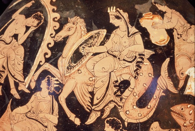 Side A of Greek Apulian Red-figure Pelike in the style of the Gravina Painter, ca 425-400 BCE depicting Thetis and Nereids ridi.ng sea creatures delivering Achilles new armor. Source: Non-Commercial Use Only via Perseus Digital Library