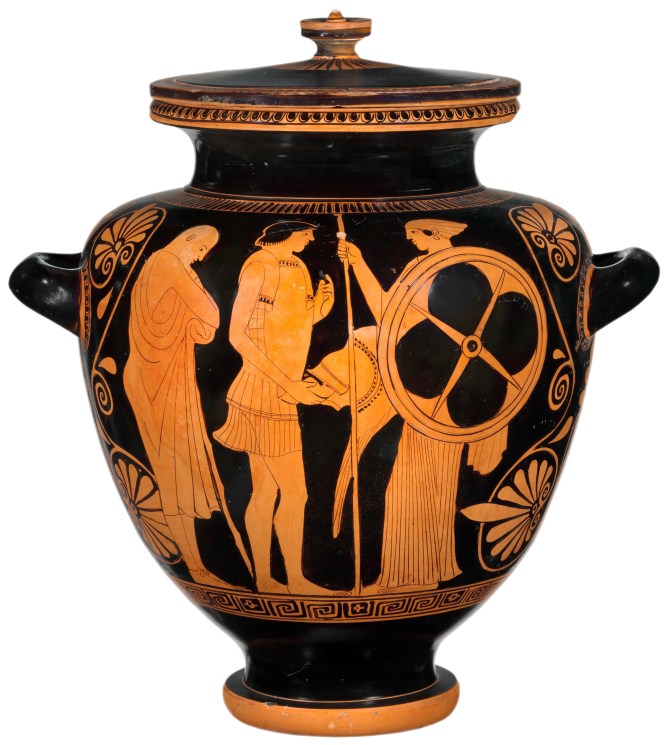 Thetis delivering armor to Achilles newly forged by Hephaistos. Red-Figure Stamnos by the Deepdene Painter, ca. 470-460 BCE. Source: CC0 via Wikimedia Commons