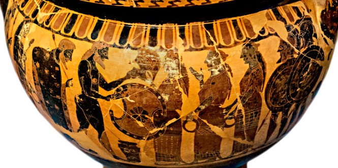 Thetis Presenting Achilles' New Armor. Attic black-figure column krater, Attributed to the Painter of London B76, ca. 560 BCE. Source: Non-Commercial Use Only c Vail/ Egisto Sani via Flickr