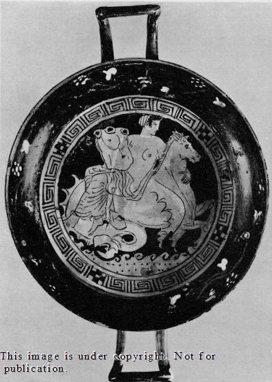 Thetis riding a hippocampus delivering Achilles' new armor. Athenian Red-Figure Kylix Tondo attributed to the Q Painter ca 400-300 BCE. Source: Non-Commercial Use only via Classical Art Research Ctr.