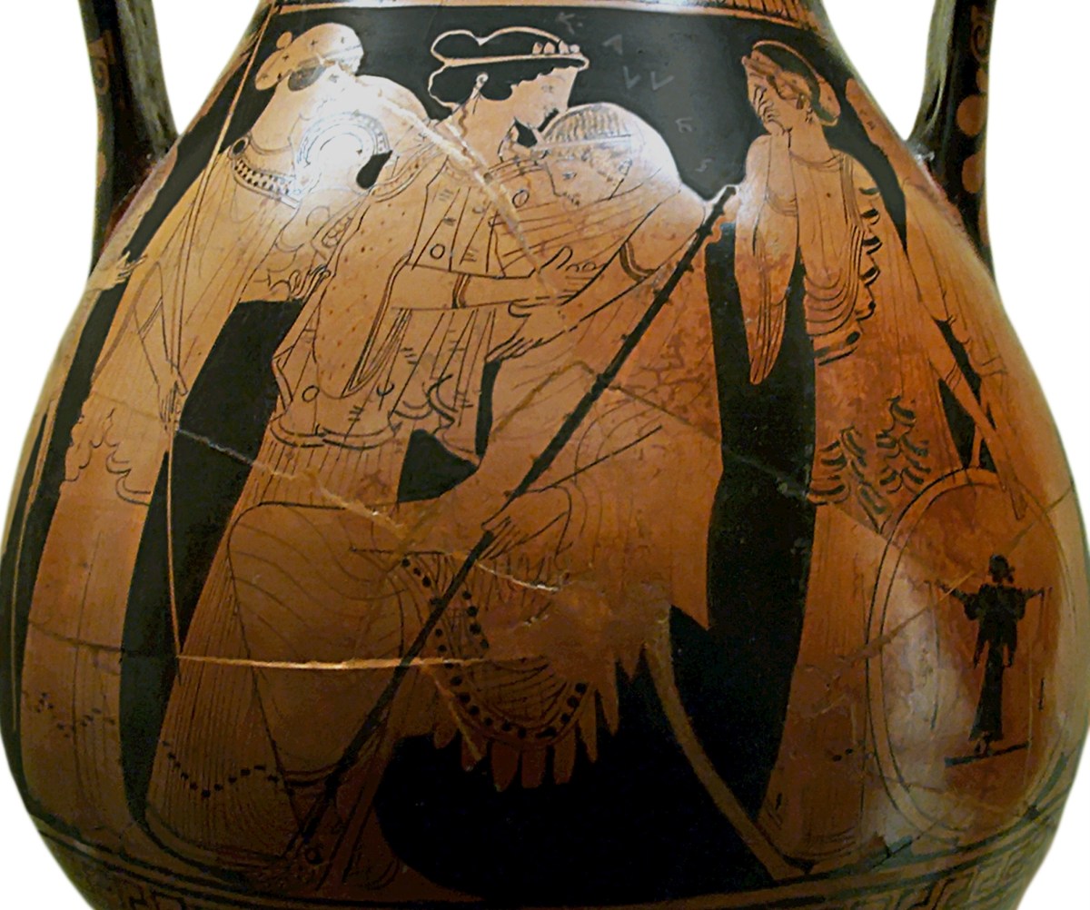 Ancient Greek Red-Figure Pelike ca. 470 BCE depicting Thetis consoling Achilles over the death of Patroklos. To the side can be seen Thetis’ sister Nereids waiting to present Achilles with his new armor. Source: CC0 via Wikimedia Commons