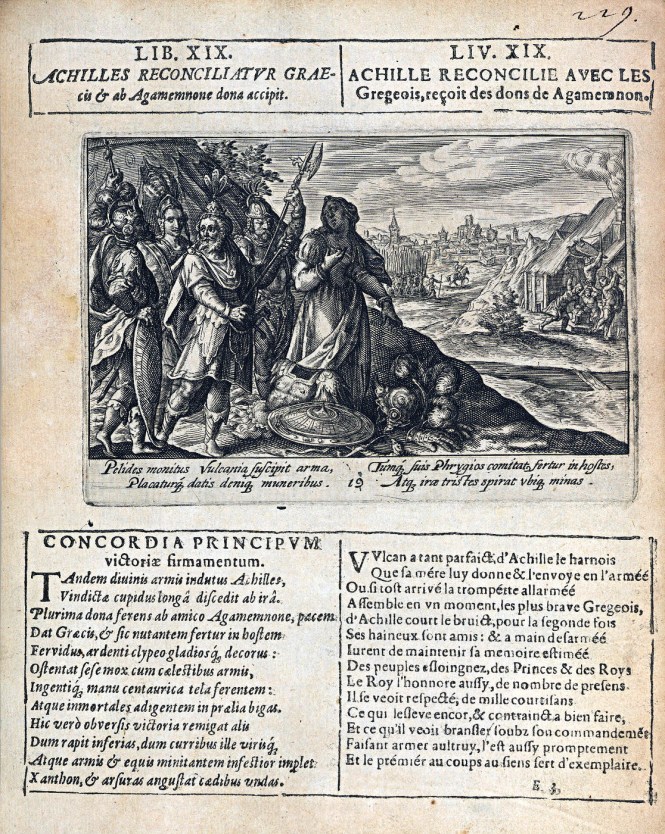 Thetis delivering Achilles' new armor made by Vulcan, Engraving by Utrecht artist Crispin de Passe the Elder, ca. 1615, illustrating the first (and only) edition of Isaac Hillaire's Speculum Heroicum. Source: CC0 via Wikimedia Commons