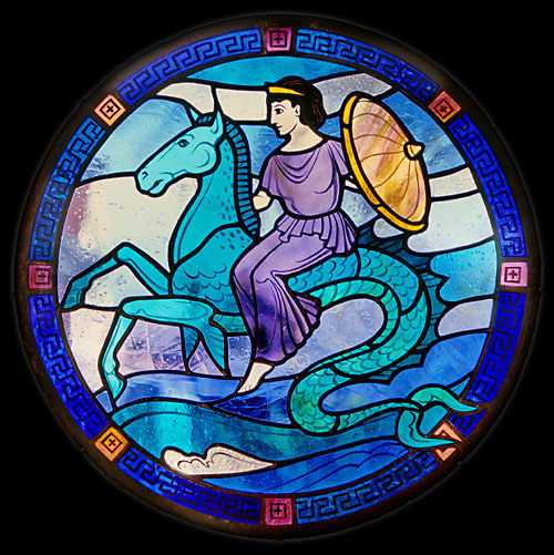Thetis Riding Upon a Hippocamp With Achilles' Shield, Stained Glass Medallion by Alice Johnson, 1999. Source: Non-Commercial Use only, © Alice Johnson
