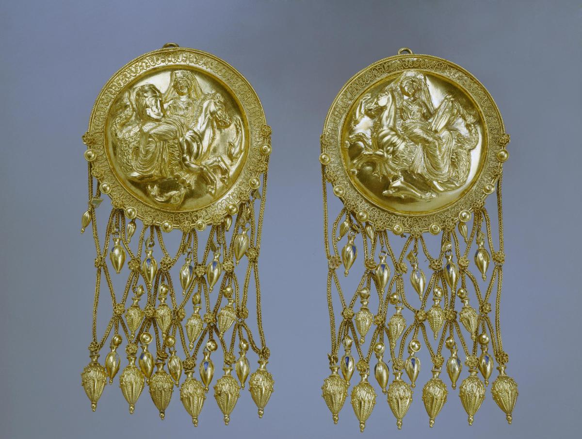 Nereids Riding Hippocampoi, Delivering Achilles' Armor, Gold Pendants for Temples found near the Cossack Village of Vyshesteblievskaya, Russia. ca. 4th Century BCE. Source: Non-Commercial Use Only © Hermitage Museum