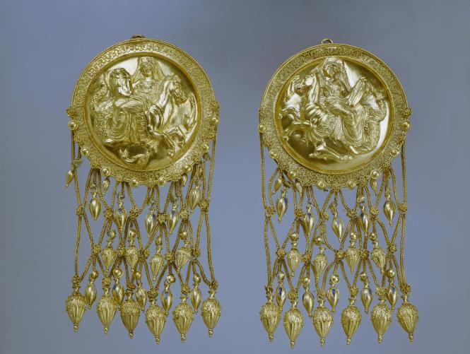 Nereids Riding Hippocampoi, Delivering Achilles' Armor, Gold Pendants for Temples found near the Cossack Village of Vyshesteblievskaya, Russia. ca. 4th Century BCE. Source: Non-Commercial Use Only © Hermitage Museum