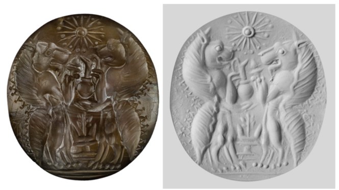 A semiprecious carnelian seal stone of two genii, lionlike mythological creatures holding serving vessels and an incense burner over an altar and below a 16-pointed star. On the right is a putty impression made from the seal
